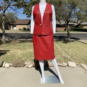 80s 90s Braefair Leather red vest skirt outfit set sz 10 gold safety pin buttons